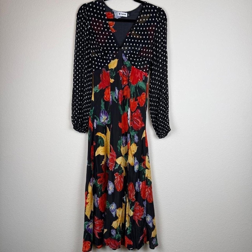 RIXO Melanie Silk Polka Dot Floral Midi Dress size XS